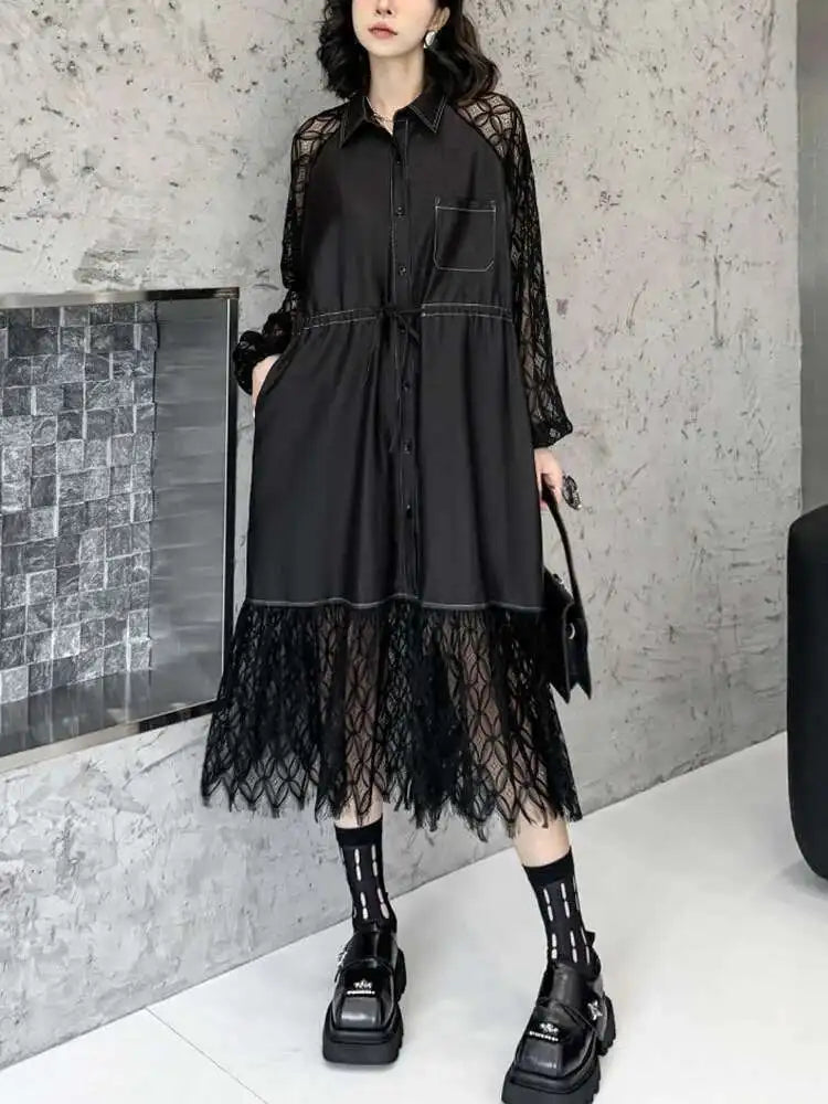 Women Black Denim Lace Perspective Big Size Shirt Dress New Lapel Long Sleeve Fashion Tide Spring Autumn 2025 1DH702001