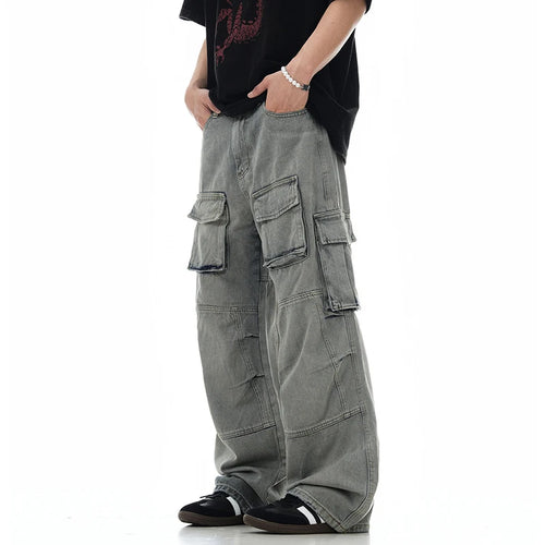 Load image into Gallery viewer, American Multi-pocket Overalls Washed To Make Old High Street Straight Wide Leg Cargo Pants Worn-out Autumn 28W3875
