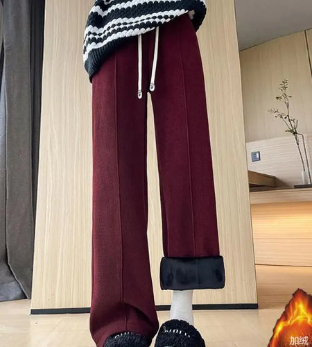 Women Black Blue Velvet High Waist Office Ladies Pant Korean Fashion Red Drawstring Wide Leg Trousers Casual Thick New 2024 Chic