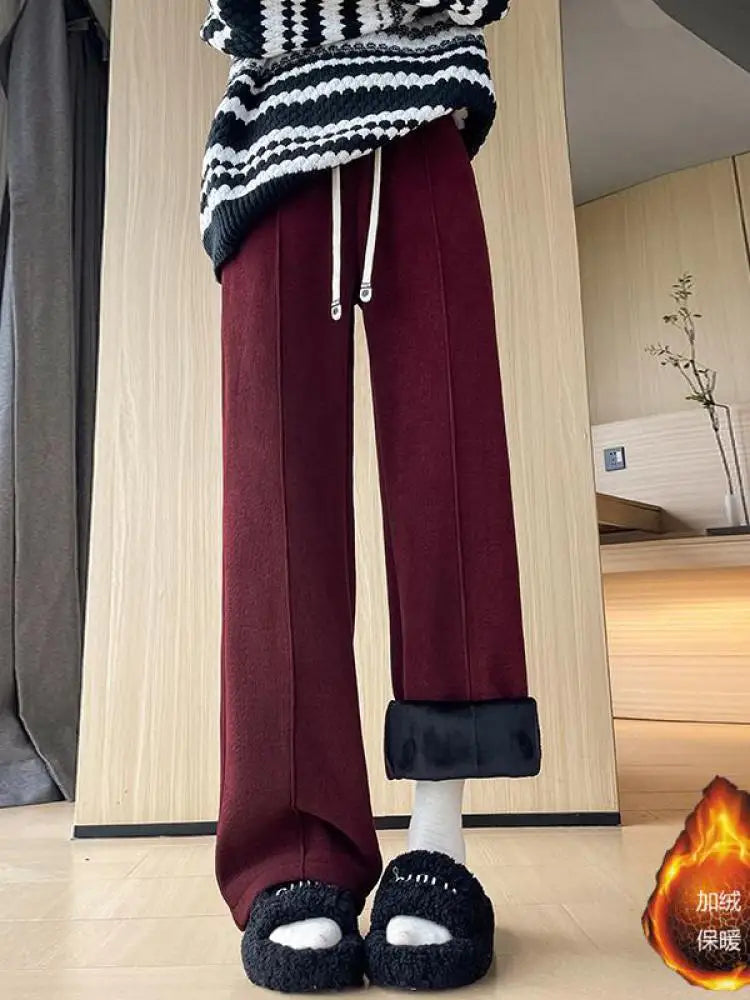 Women Black Blue Velvet High Waist Office Ladies Pant Korean Fashion Red Drawstring Wide Leg Trousers Casual Thick New 2024 Chic