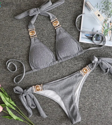 Sexy Rhinestones Brazilian Bikini Push Up Swimwear Women Twinkle Swimsuit Halter Biquini Two Pieces Bathing Suit