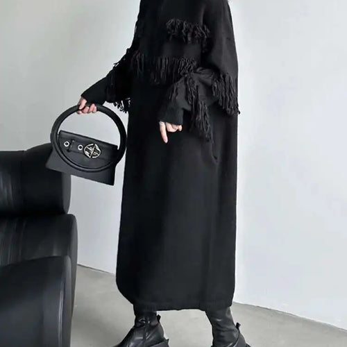 Load image into Gallery viewer, Women Black Tassels Knitting Big Size Midi Dress New Turtleneck Long Sleeve Loose Fit Fashion Spring Autumn 2025 1DH1601
