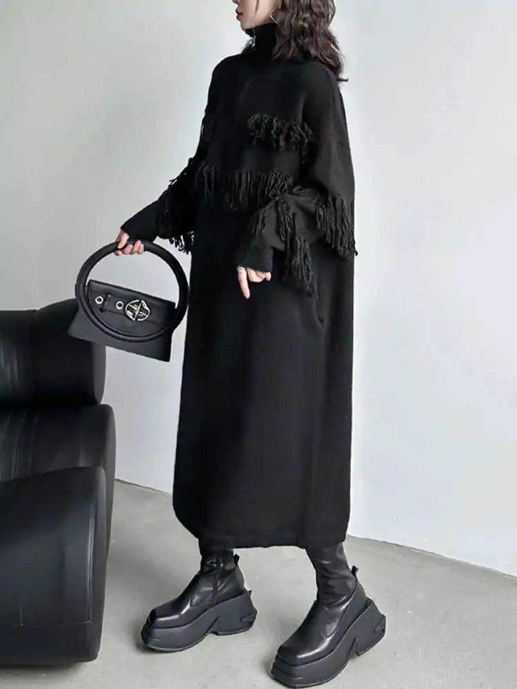 Women Black Tassels Knitting Big Size Midi Dress New Turtleneck Long Sleeve Loose Fit Fashion Spring Autumn 2025 1DH1601