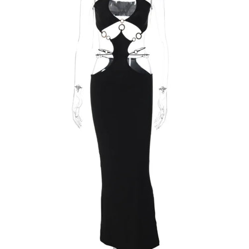 Load image into Gallery viewer, Strapless Metal Ring Cut Out Maxi Dress Women Black Halter Low Cut Backless Hollow Out Bodycon Sexy Party Long Dress
