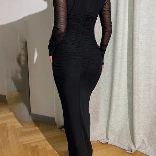 Load image into Gallery viewer, Black Sexy Maxi Dress Women Autumn New Sheer Mesh Long Sleeve Slim Fit Dress Ladies Elegant Bodycon Dresses Clubwear
