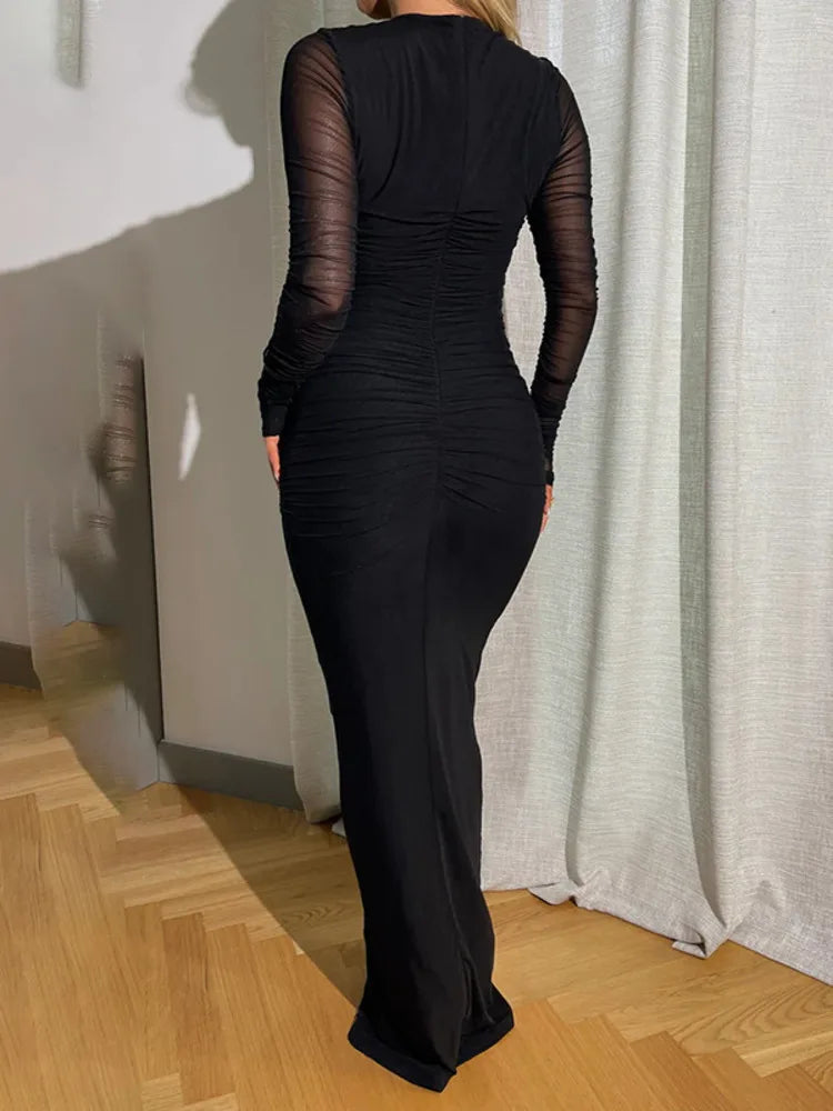 Black Sexy Maxi Dress Women Autumn New Sheer Mesh Long Sleeve Slim Fit Dress Ladies Elegant Bodycon Dresses Clubwear