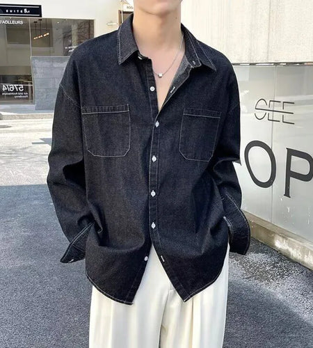 Summer Men's Denim Shirts Solid Color New Korean Tide Long Sleeved Casual Turn-down Collar Male Shirt Spring 2025 9W1215