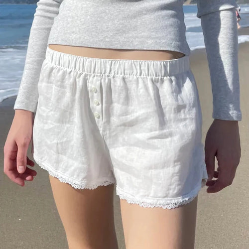 Load image into Gallery viewer, Casual White Basic Summer Shorts Women Lace Trim Buttons Homewear Sporty Chic Short Pants Elastic Waist Korean Hottie
