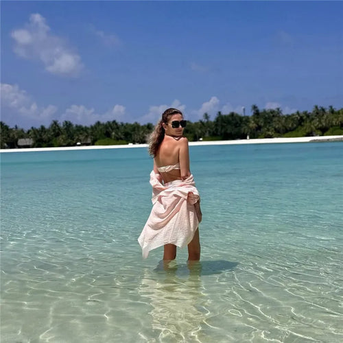 Load image into Gallery viewer, Summer Beach Two Piece Sets Women Long Sleeve Shirt And Mini Skirt Female See Through Loose 2 Piece Set Beachwear
