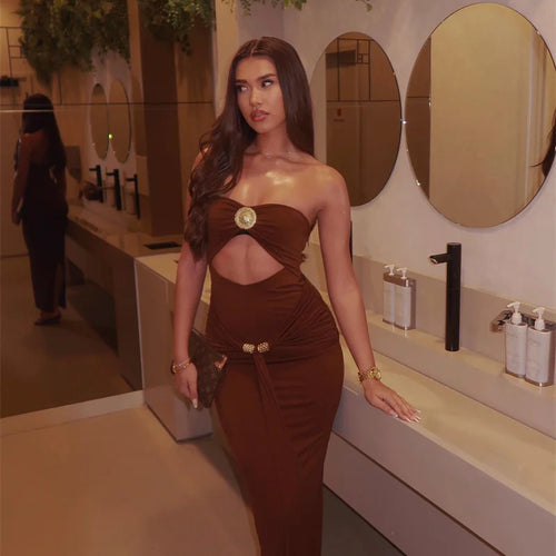 Load image into Gallery viewer, Hollow Out Backless Sexy Maxi Dress Women Gown Summer New Off-shoulder Strapless Sleeveless Ruched Club Long Dress
