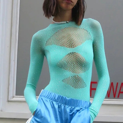 Load image into Gallery viewer, Sexy Mesh Hollow Out Long Sleeve Bodysuit Women Elastic Slim Perspective Shiny Jumpsuit Female Party Club Autumn 2023
