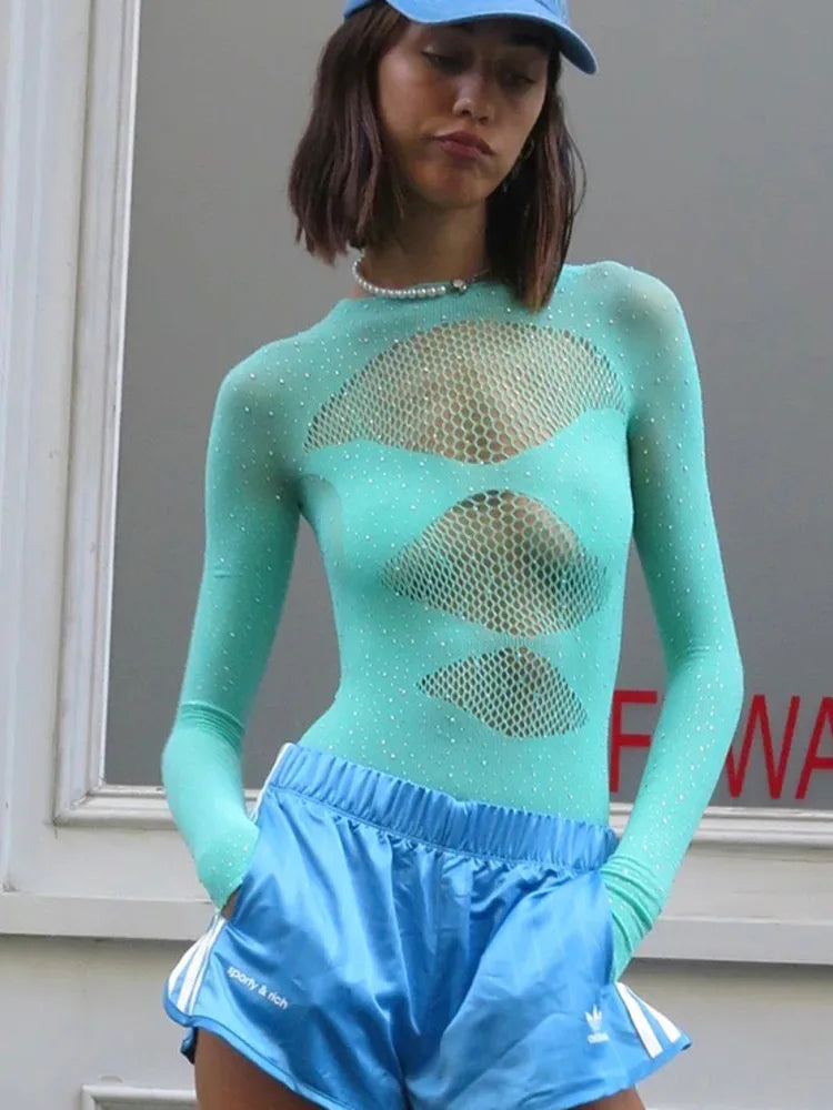 Sexy Mesh Hollow Out Long Sleeve Bodysuit Women Elastic Slim Perspective Shiny Jumpsuit Female Party Club Autumn 2023