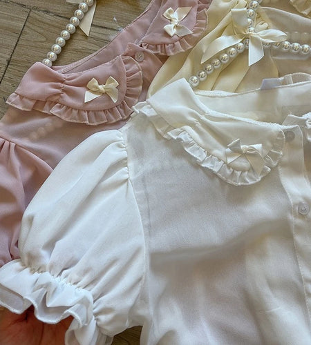 Japanese Kawaii Girl Sweet Cute Bow Lolita Shirt Women JK Loose Doll Collar Blusas Femme Y2k Aesthetic See Through Blouse Tops