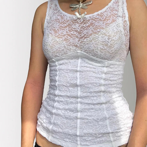 Load image into Gallery viewer, Coquette White Summer Y2K Lace Top Tanks Sleeveless Vest Bow Fashion Cutecore Corset Tops Transparent Chic Party Tees
