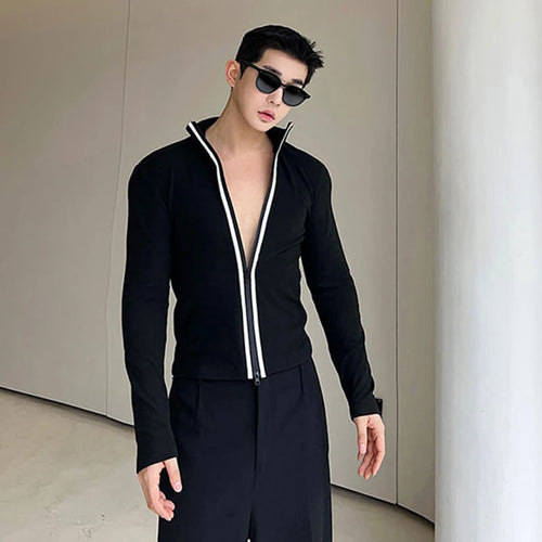 Load image into Gallery viewer, Korean Style Long Sleeve T-shirt Fashion Men&#39;s Clothing Versatile Double Zipper High Collar Cardigan Elgance Male 9C2954
