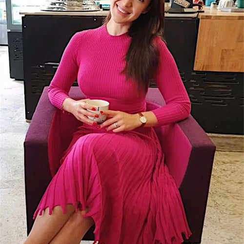 Load image into Gallery viewer, Women Knitted Long Dress Ribbed Elegant Midi Bodycon Sweater Dress Official Ladies Bandage Pleated Dresses Streetweear
