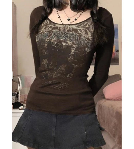 Goth Punk Grunge T Shirt Vintage Aesthetic Graphic Letter Print Long Sleeve Tops y2k Women Clothes 2000s Streetwear