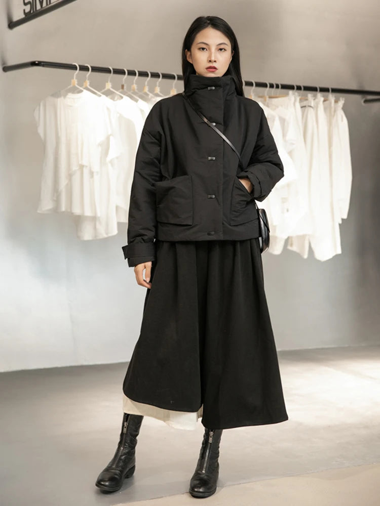 Black Warm Short Stand Collar Cotton-padded Coat Long Sleeve Loose Fit Women Parkas Fashion New Autumn Winter 2025 1DD1637