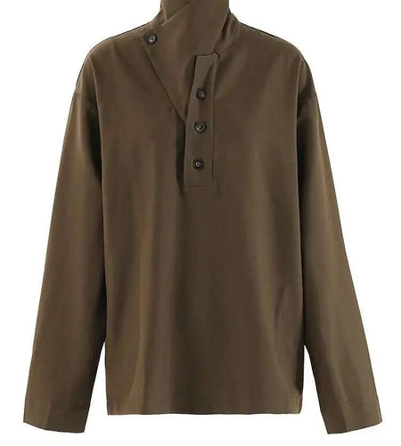 Women Brown Button Big Size Elegant Blouse New Stand Collar Long Sleeve Shirt Fashion Tide Spring Autumn 2025 CPG2267
