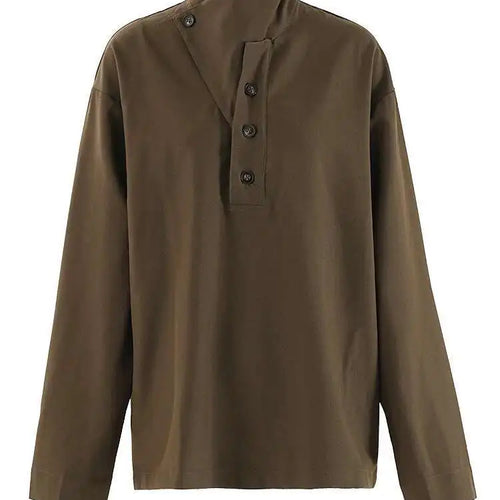 Load image into Gallery viewer, Women Brown Button Big Size Elegant Blouse New Stand Collar Long Sleeve Shirt Fashion Tide Spring Autumn 2025 CPG2267
