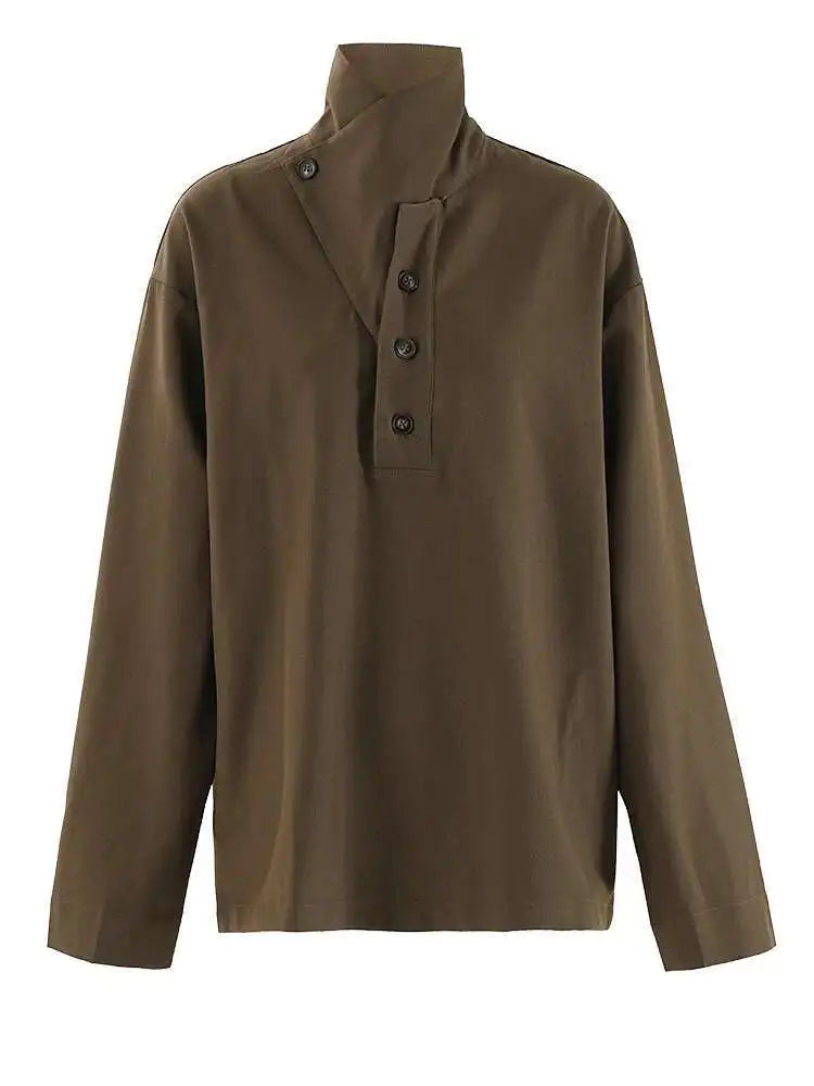 Women Brown Button Big Size Elegant Blouse New Stand Collar Long Sleeve Shirt Fashion Tide Spring Autumn 2025 CPG2267