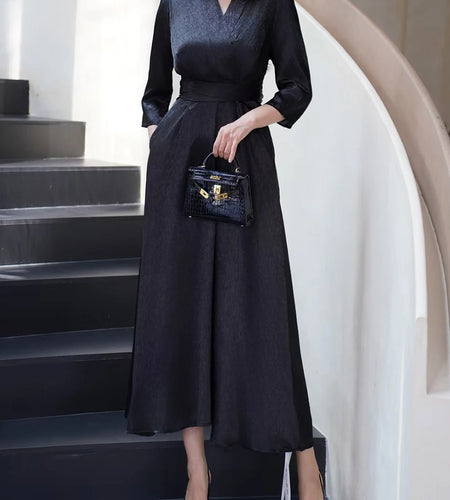 Solid Spliced Lace Up Slimming Dresses For Women V Neck Long Sleeve High Waist Temperament Elegant Dress Female New