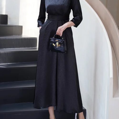 Load image into Gallery viewer, Solid Spliced Lace Up Slimming Dresses For Women V Neck Long Sleeve High Waist Temperament Elegant Dress Female New
