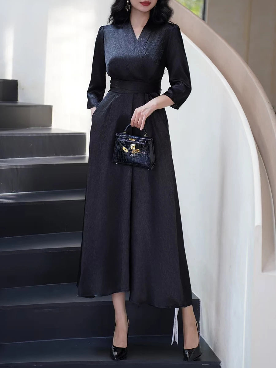 Solid Spliced Lace Up Slimming Dresses For Women V Neck Long Sleeve High Waist Temperament Elegant Dress Female New