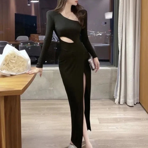 Load image into Gallery viewer, Bodycon Wrap Slim Split Dress Women Office Ladies Hollow Out Design Black Dresses Outfits Y2k Korean Fashion New In
