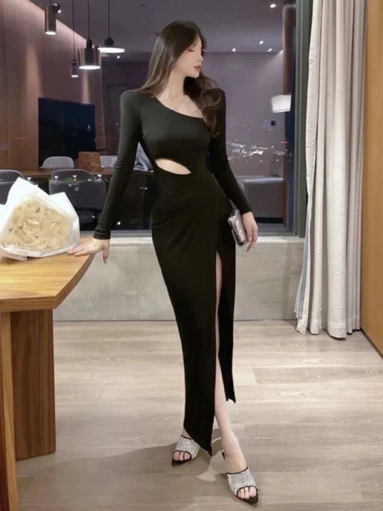 Bodycon Wrap Slim Split Dress Women Office Ladies Hollow Out Design Black Dresses Outfits Y2k Korean Fashion New In