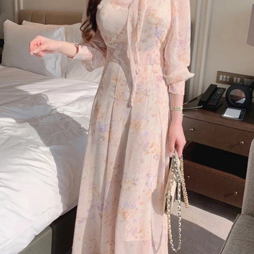 Load image into Gallery viewer, Jielur Spring Elegant V-Neck Midi Dress Female Long Sleeve Slim One Piece Dress Korean Fashion Vintage Floral Chiffon Dress Y2k
