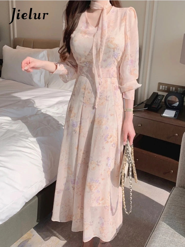 Jielur Spring Elegant V-Neck Midi Dress Female Long Sleeve Slim One Piece Dress Korean Fashion Vintage Floral Chiffon Dress Y2k