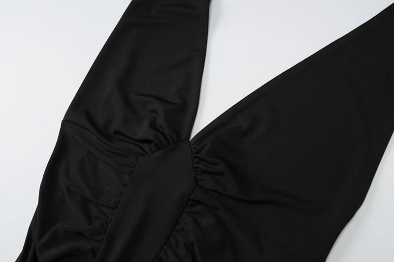 Halter Deep V Neck Sexy Maxi Dress For Women Gown Black Sleeveless Backless Bodycon Ruched Club Party Long Dress