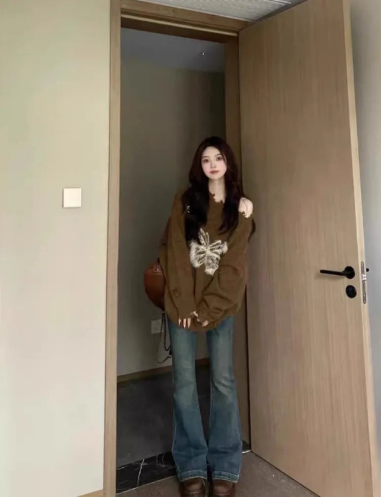Sweet Y2k Aesthetic Grunge Butterfly Hole Sweaters Oversized Long Casual Harajuku Jumpers Fashion Ins Knitted Women Pullovers