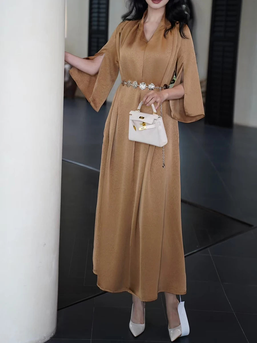 Solid Spliced Belt Loose Dresses For Women V Neck Short Sleeve High Waist Temperament Dress Female Fashion Style