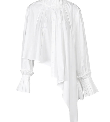 Women White Pleated Big Size Irregular Blouse New Stand Collar Long Sleeve Shirt Fashion Spring Autumn 2025  1DE395100