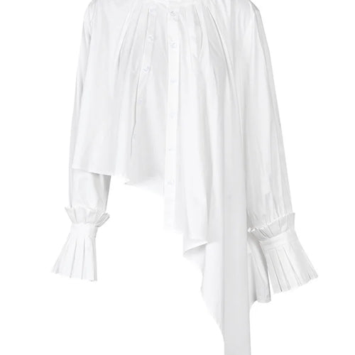 Load image into Gallery viewer, Women White Pleated Big Size Irregular Blouse New Stand Collar Long Sleeve Shirt Fashion Spring Autumn 2025  1DE395100
