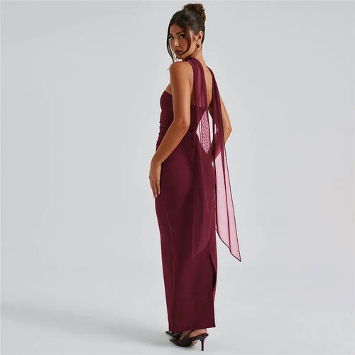 Load image into Gallery viewer, Strapless Backless Sexy Maxi Dress For Women Burgundy Mesh Sleeve Off-shoulder Bodycon Club Party Evening Long Dress
