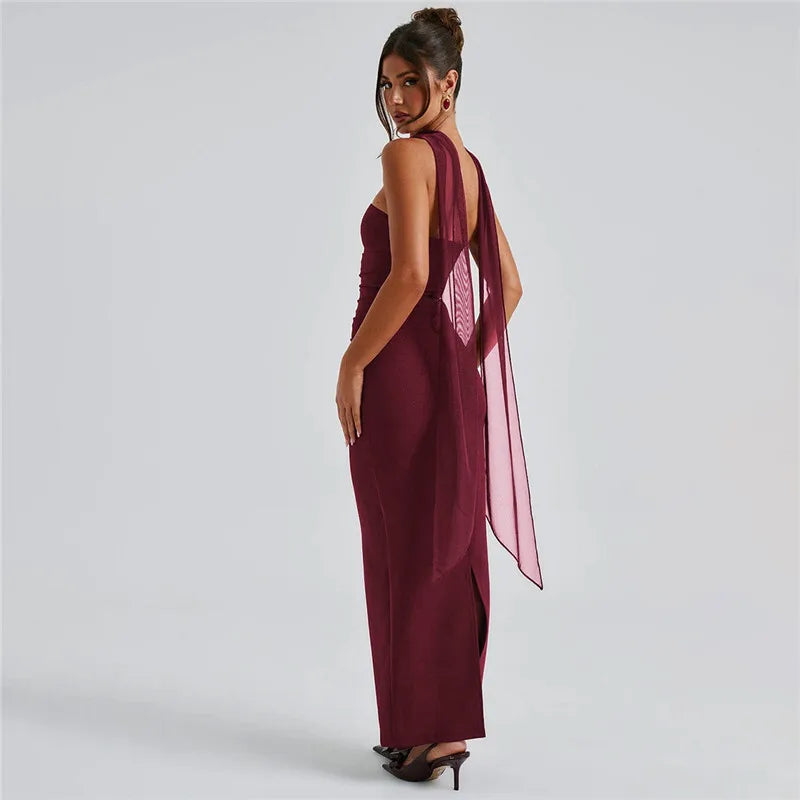 Strapless Backless Sexy Maxi Dress For Women Burgundy Mesh Sleeve Off-shoulder Bodycon Club Party Evening Long Dress