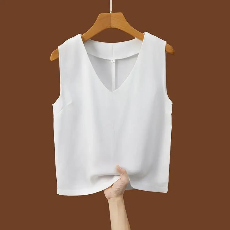 Women Summer Black White Festival Tank Tops Casual Brown Beige Lady V-neck Sleeveless Versatile Short Vest Clothing Simplicity