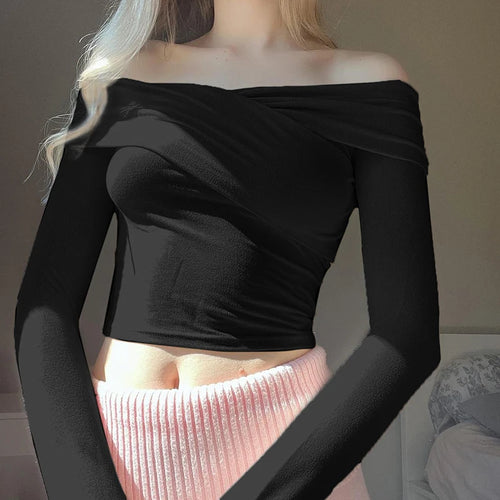 Load image into Gallery viewer, Korean Fashion White Women T-shirts Off Shoulder Top Crop Criss-Cross Coquette Clothes Autumn Tee Sweats Tight Kawaii
