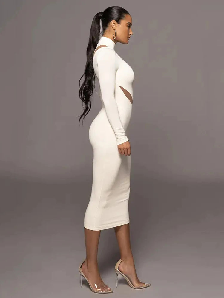 Autumn/Winter Long Sleeve Mesh Patchwork Dress Women's Perspective Bodycon Midi Dress Female Elegant Party Evening Dress