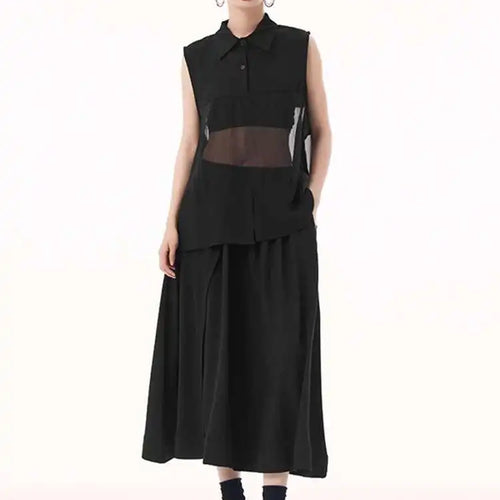 Load image into Gallery viewer, Women Black Mesh Perspective Big Size Elegant Blouse New Lapel Sleeveless Shirt Fashion Tide Spring Summer 2025 1DH9508

