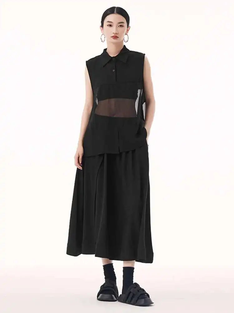 Women Black Mesh Perspective Big Size Elegant Blouse New Lapel Sleeveless Shirt Fashion Tide Spring Summer 2025 1DH9508