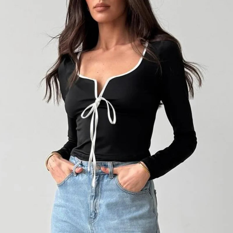 y2k Crop Top Women Sexy Clothes Square Neck Tie Front Contrast Color Long Sleeve T Shirt 2000s Clothing Streetwear
