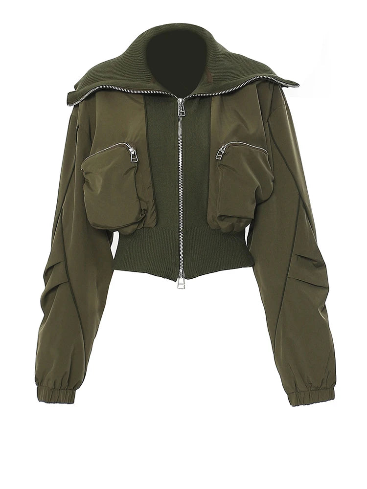 Loose Fit Army Green Big Pocket Casual Jacket New Lapel Long Sleeve Women Coat Fashion Tide Spring Autumn 2025 7AB1819