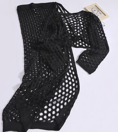 Women Summer Vacation Two-piece Sets Solid Twisted Long Sleeve Knit Tops+ High Waist Hollow Out Bow Bandage Skirt Sexy Club Suit