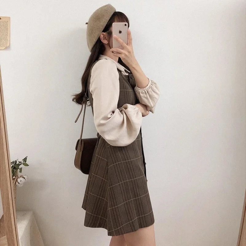 Soft Girl Kawaii Mini Dress Women Vintage Plaid Japanese Style Design Retro Button Short Dresses Casual Korean Chic