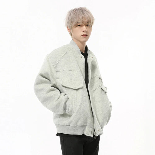 Load image into Gallery viewer, Korean Style Men&#39;s Woolen Jackets Round Collar Thick Zipper Patchwork Quilted Solid Color Casual Male Coats Simple 9C9216
