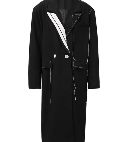 Women Black Topstitched Big Size Long Casual Blazer New Lapel Long Sleeve Jacket Fashion Tide Spring Autumn 2025 20A3504